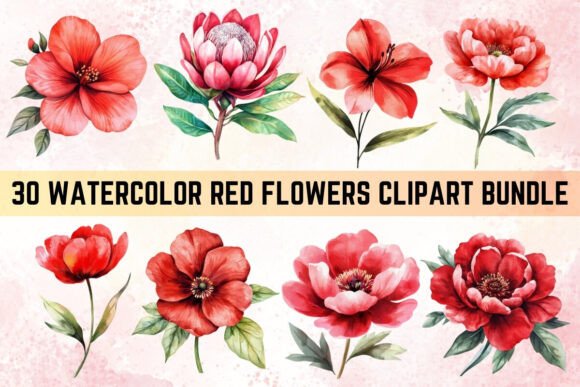 Download Watercolor Red Flowers Clipart Bundle - Bundle Collection