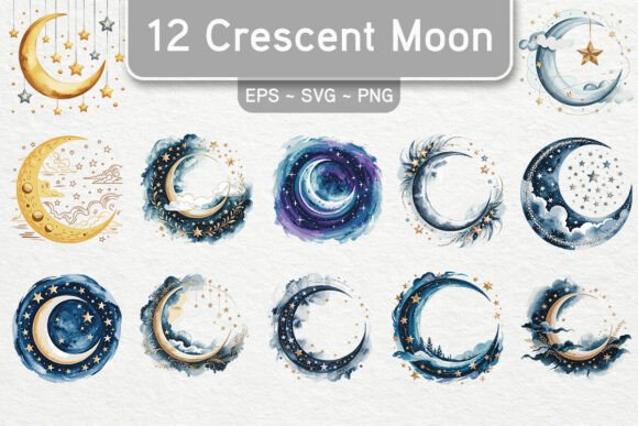 Download Watercolor Crescent Moon Clipart Bundle - Bundle Collection