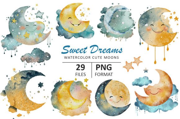 Download Sweet Dreams Watercolor Cute Moons - Moons Collection