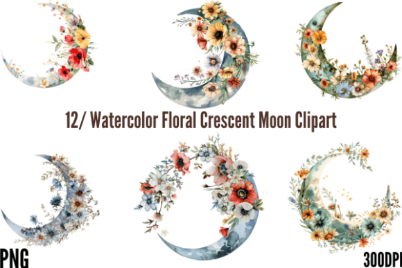 Download Watercolor Floral Crescent Moon Clipart - Crescent moon clipart Collection