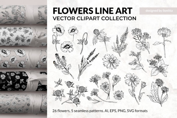 Download Flowers Line Art, Vector Floral Clipart - Flowers Collection